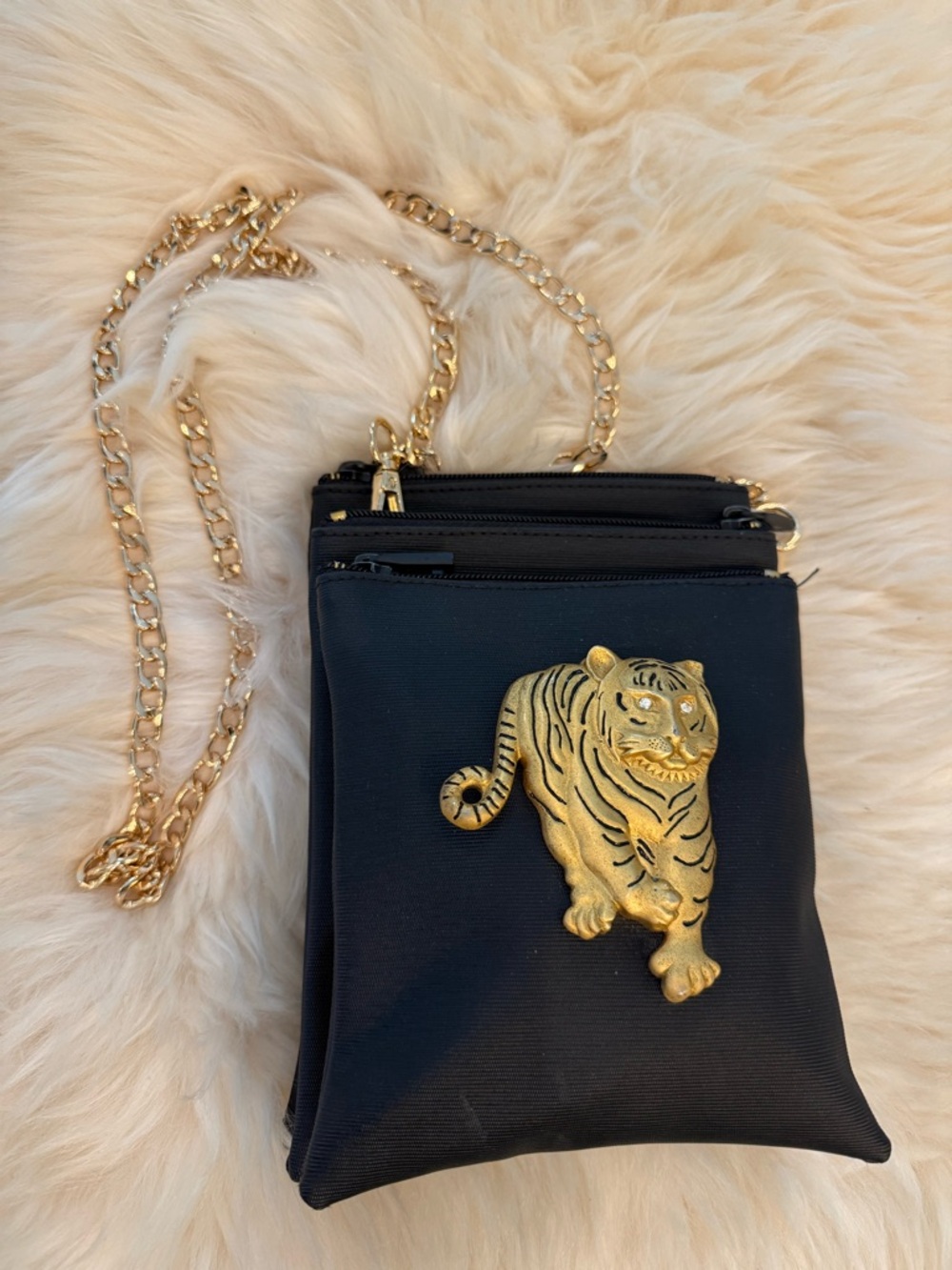 Black Crossbody Bag with Gold Tiger Accent